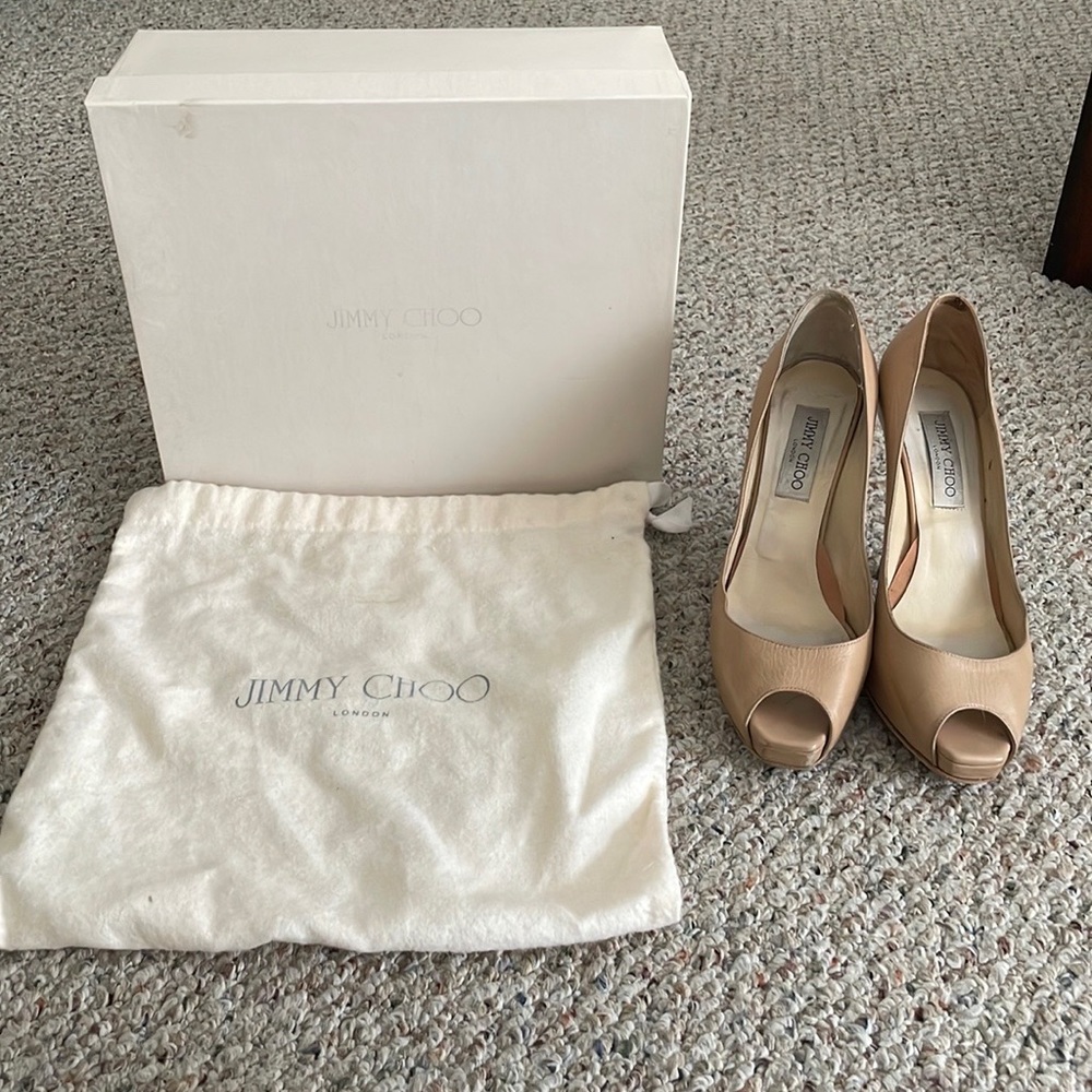 Jimmy Choo Nude Leather Platform Peep Toe Pumps with Box & Dust Bag